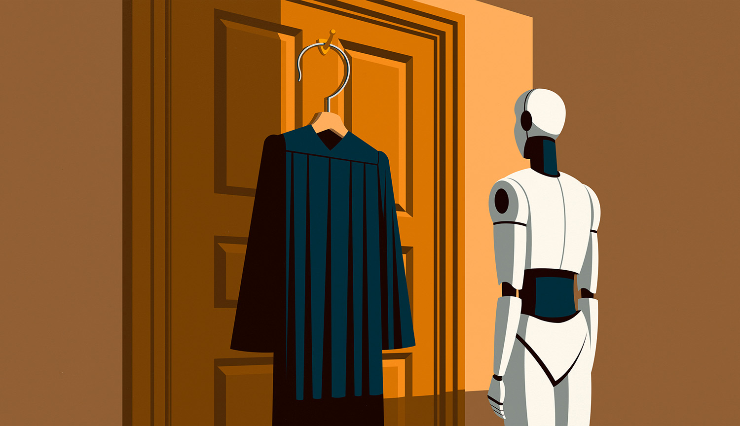 Illustration shows a robot standing in front of a judicial robe hanging on a hook.