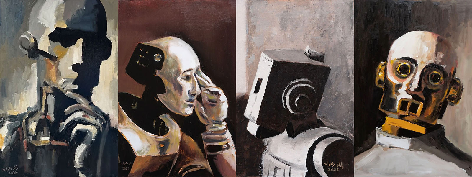 Four paintings, side by side, of robots that look as though they are pondering deep questions.