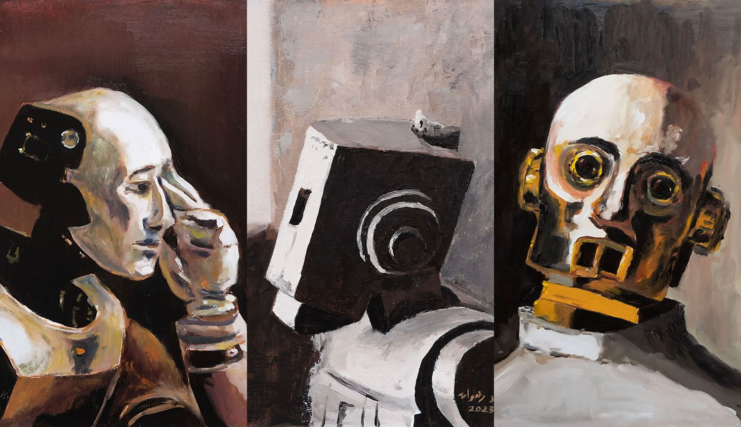 Four paintings, side by side, of robots that look as though they are pondering deep questions.
