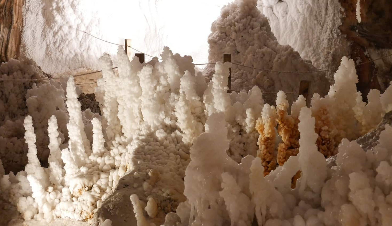 Knobby pillars of salt in a mountain cavern