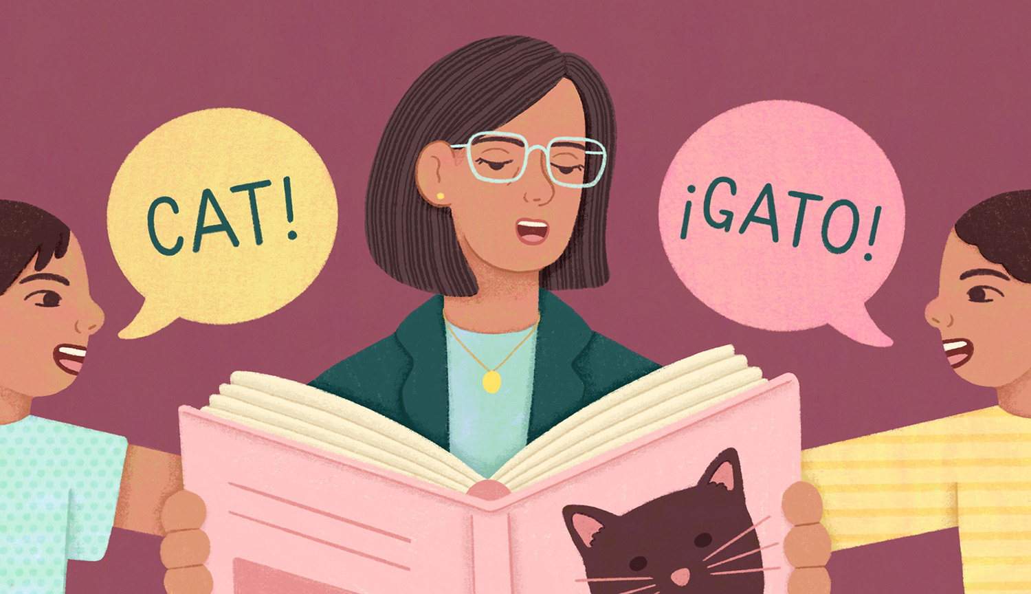  Illustration of a woman reading to two children. There is an image of a cat in the book she is reading, and the girl says “Cat!”, while the boy says “¡Gato!”