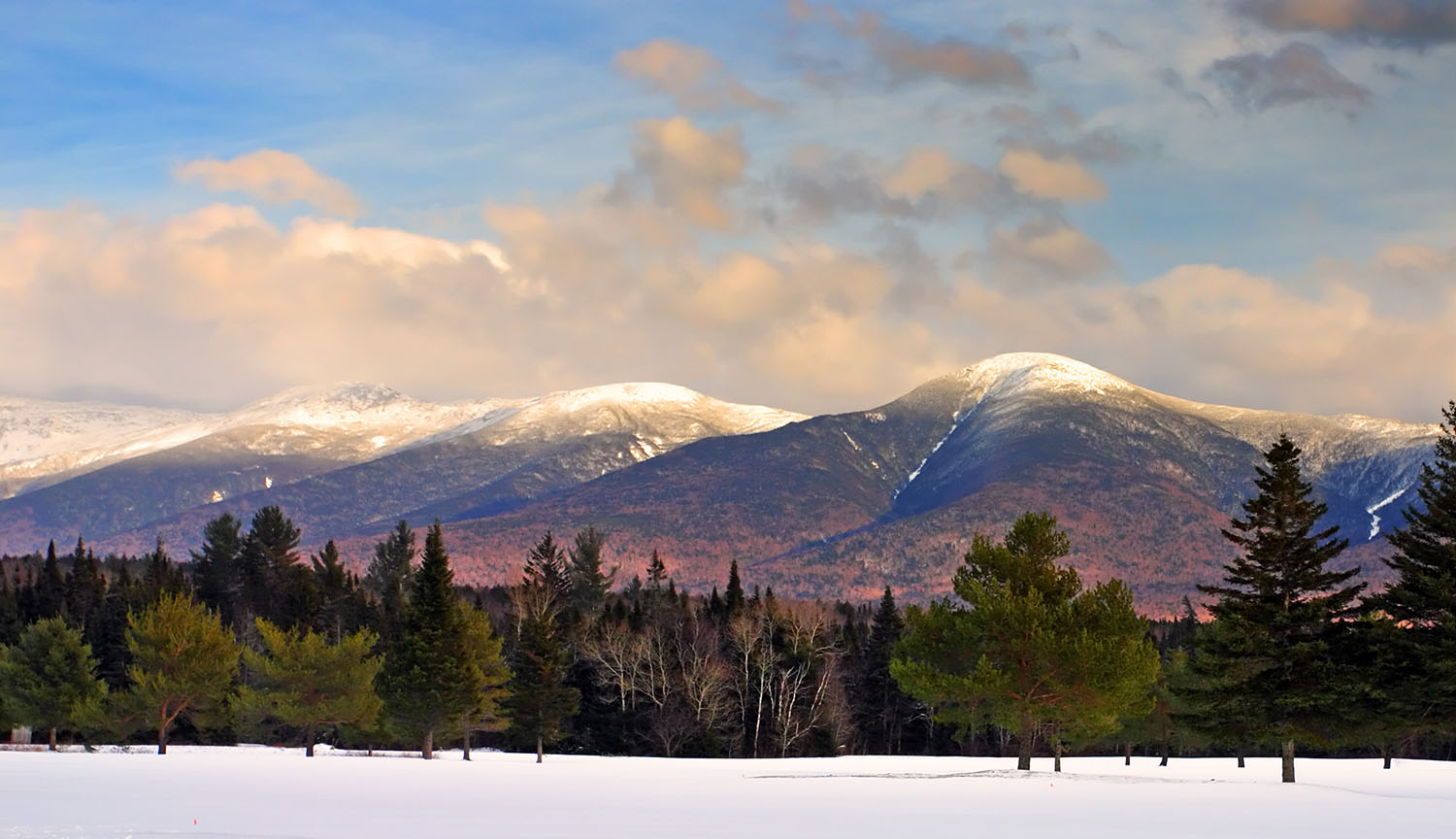 Photograph of snow-capped mountains with forests and snowy landscape in foreground.