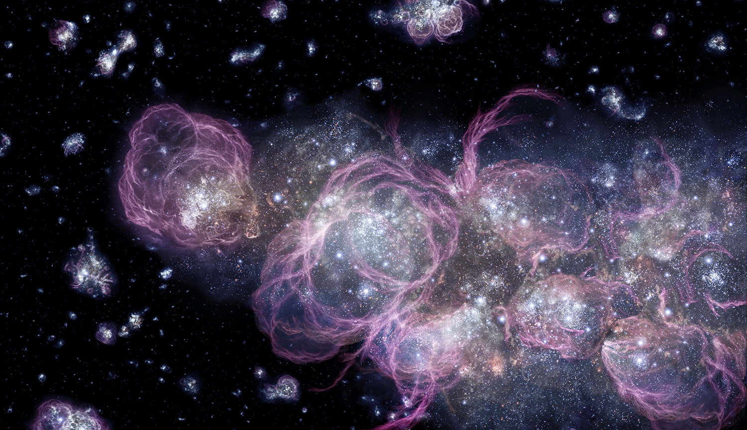 Stars sparkle within pink, filamentous swirls on a black background.