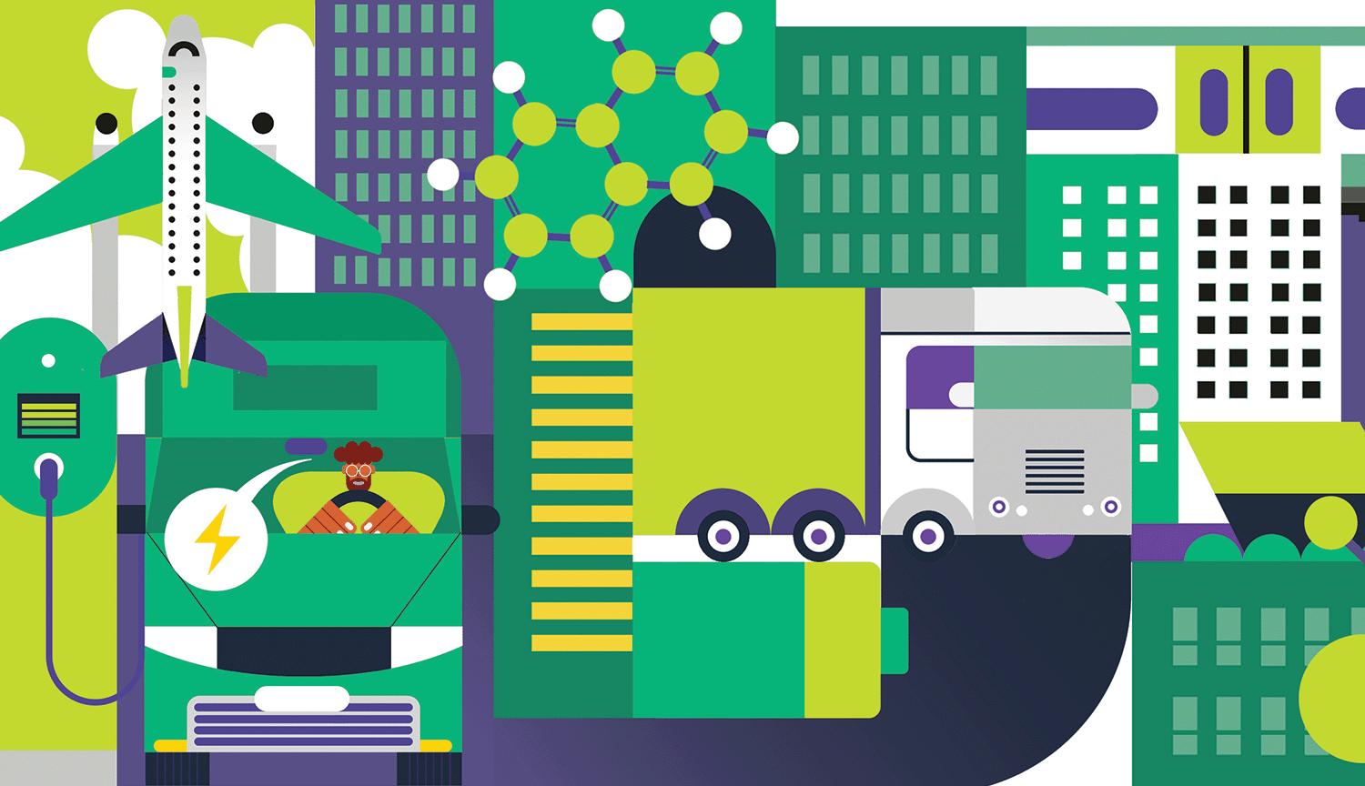 Conceptual illustration shows various modes of transport, colored green: ships, trucks, trains, cars, planes. A couple of fuel molecules — hydrogen gas and kerosene — are also incorporated into the illo.