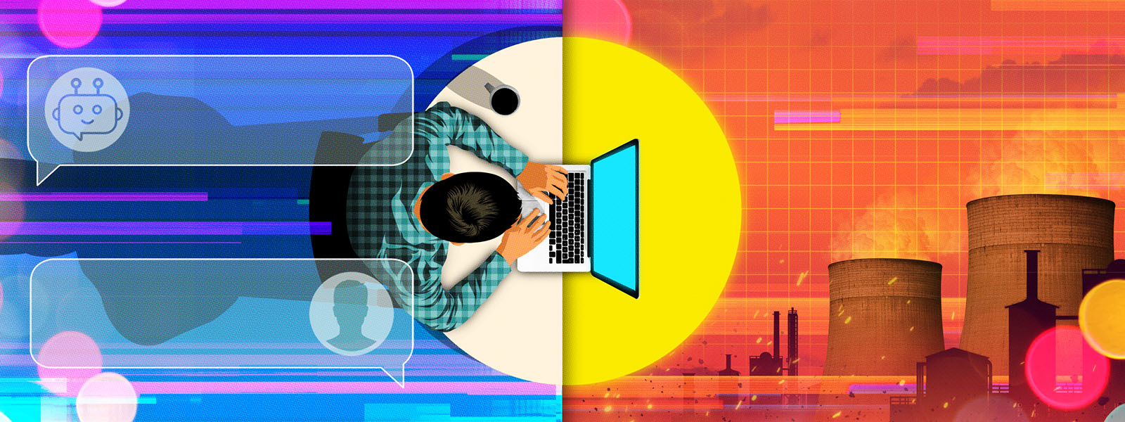 Illustration shows a man using a laptop exchanging messages with a chatbot. The other side shows power plants supplying energy needed for AI data centers that power those chatbots.