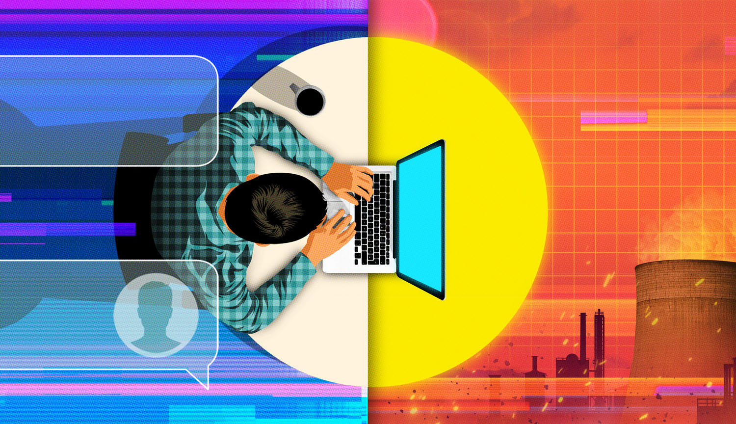 Illustration shows a man using a laptop exchanging messages with a chatbot. The other side shows power plants supplying energy needed for AI data centers that power those chatbots.