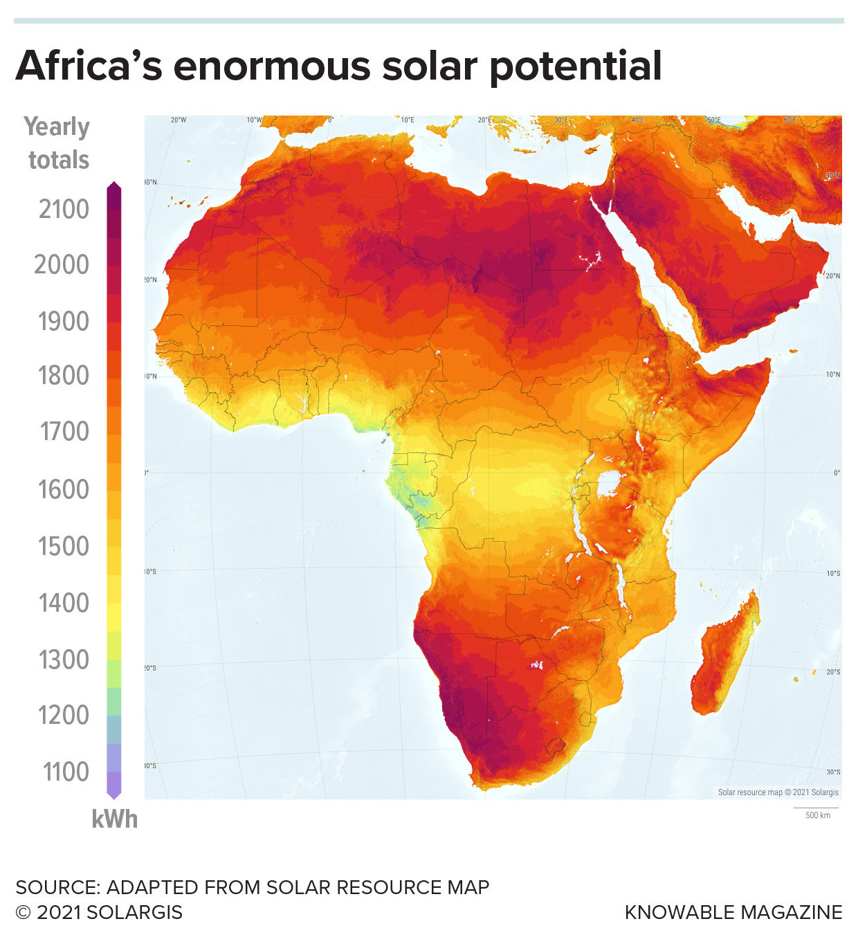 Map of Africa colored red, orange, yellow and a tiny bit in green, according to their potential output of solar energy. Title reads “Africa’s enormous solar potential.”