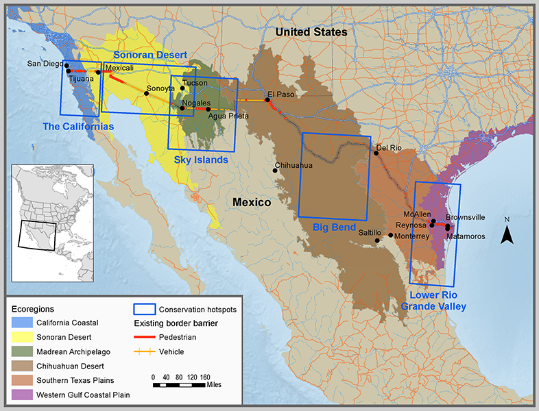 Map showing six ecoregions highlighted along the US-Mexico border. Each region is given a different color. In addition, blue rectangles highlight conservation hotspots.