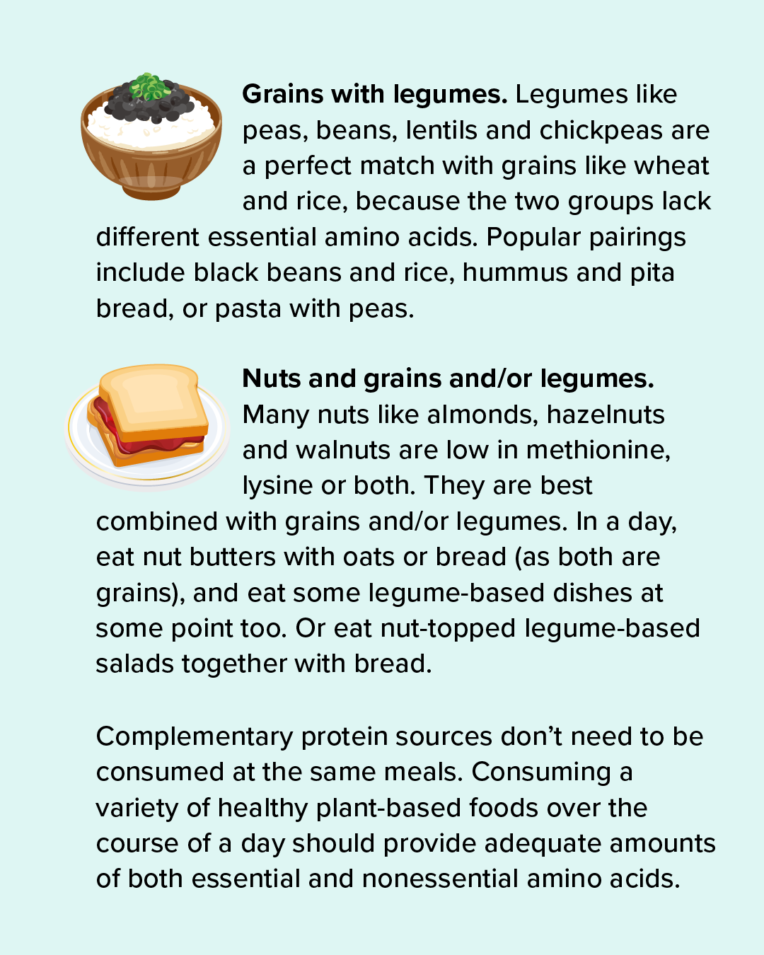 Complete protein pairings Second slide of a graphic shows how to pair plant foods to create “complete” protein sources.