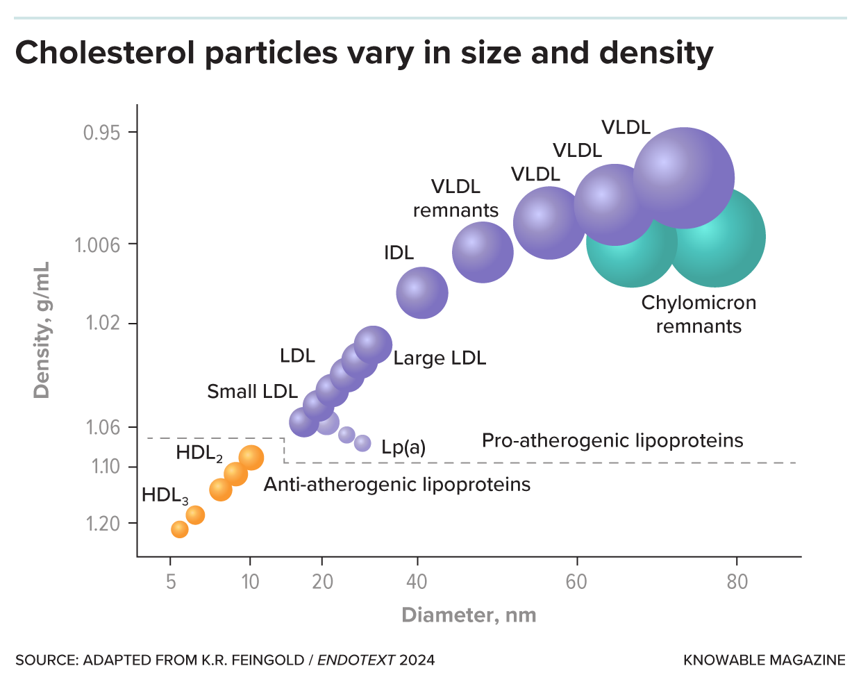 A line graph illustrates particles of different sizes and densities, with the larger particles being less dense.