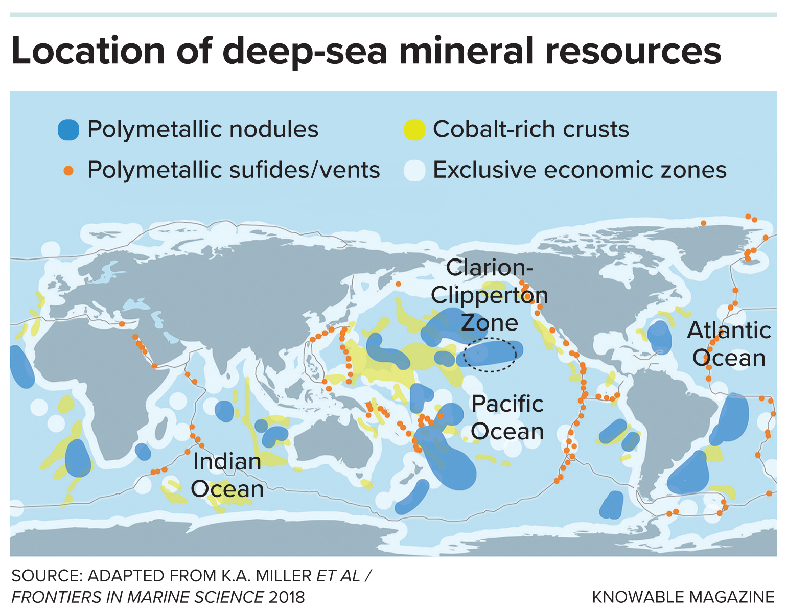 A global map showing the main locations for polymetallic nodules and other coveted mineral resources in the oceans. Also shown are exclusive economic zones and the location of the Clarion-Clipperton Zone, the focus of many deep-sea mining ambitions.
