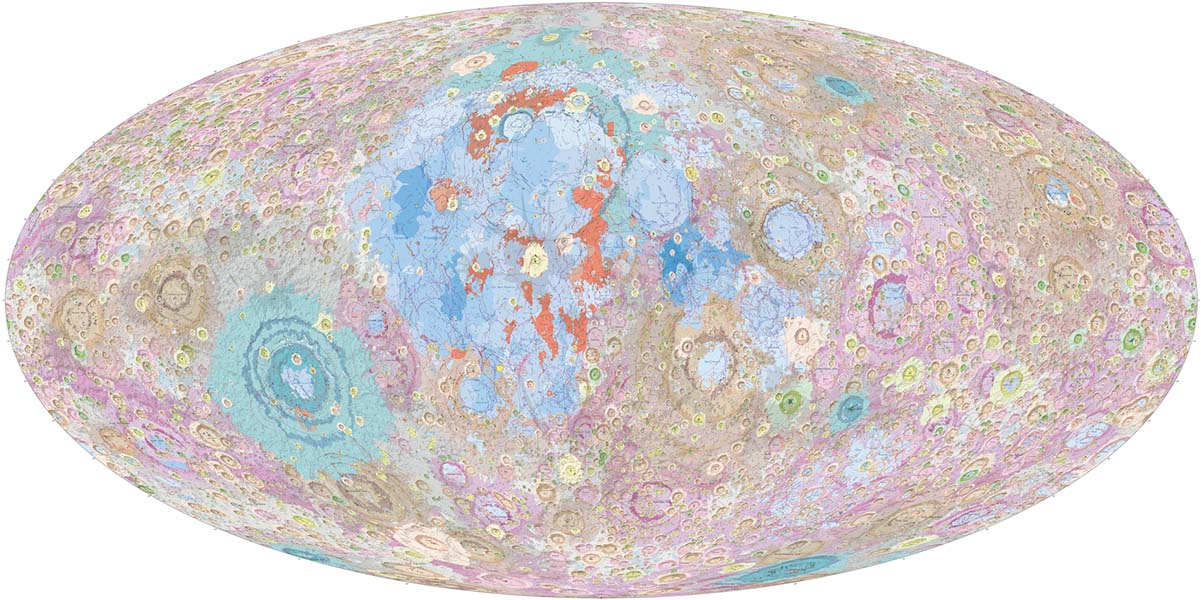 Geological map characterizes the surface of the Moon, using different colors to represent different formations and minerals.