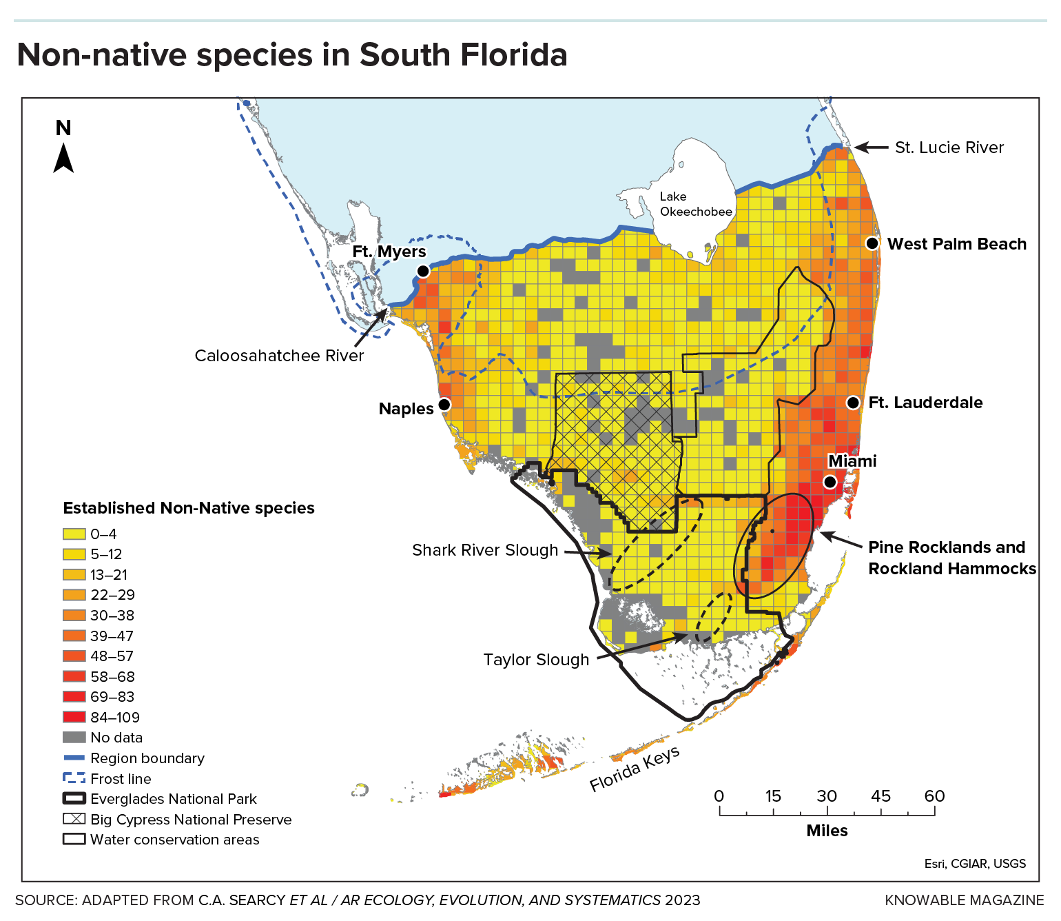 A map shows the distribution of non-native species in South Florida.