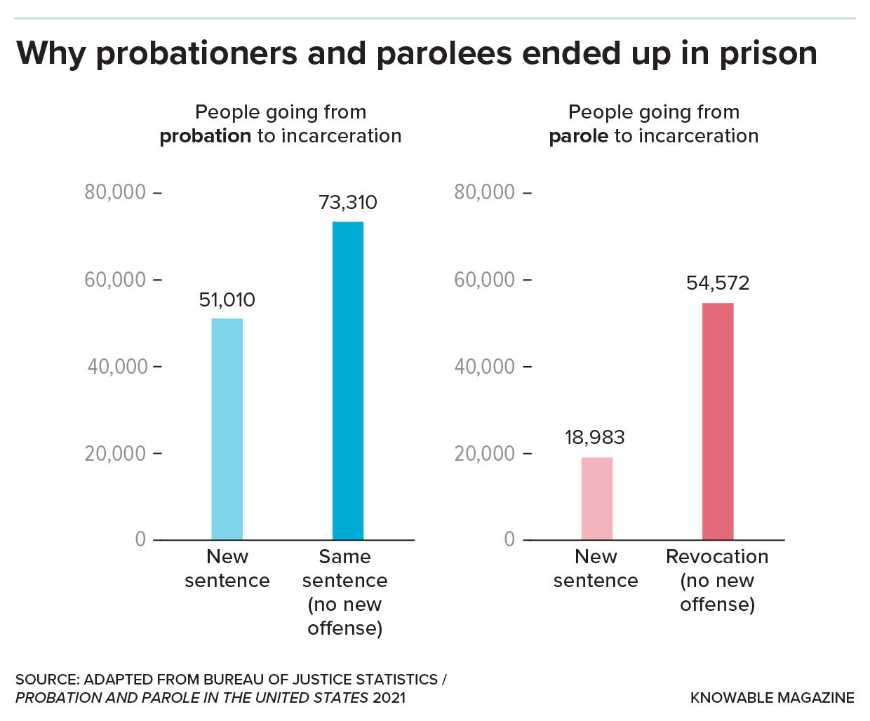 Bar graph showing that more probationers and parolees ater end up incarcerated as a consequence of their supervision than for a new conviction.