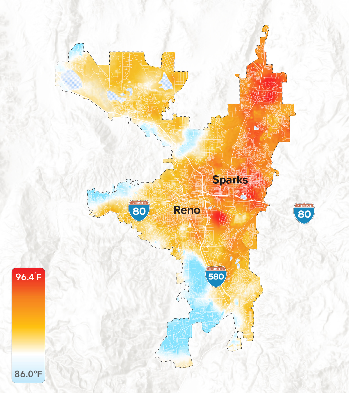 Map shows relative temperatures overlaid on a geographical map of the Reno-Sparks metro and outlying areas. Extremes are shown by color: Spots of red indicate temperatures as high as 96.4 degrees F; blue shows 86 degrees.