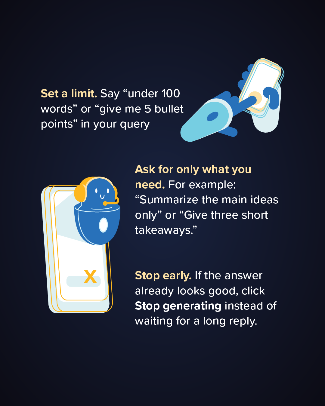 Tips 1 Slide lists three tips: Set a limit for chatbot response; Ask for only what you need; Click Stop Generating as soon as answer looks good.