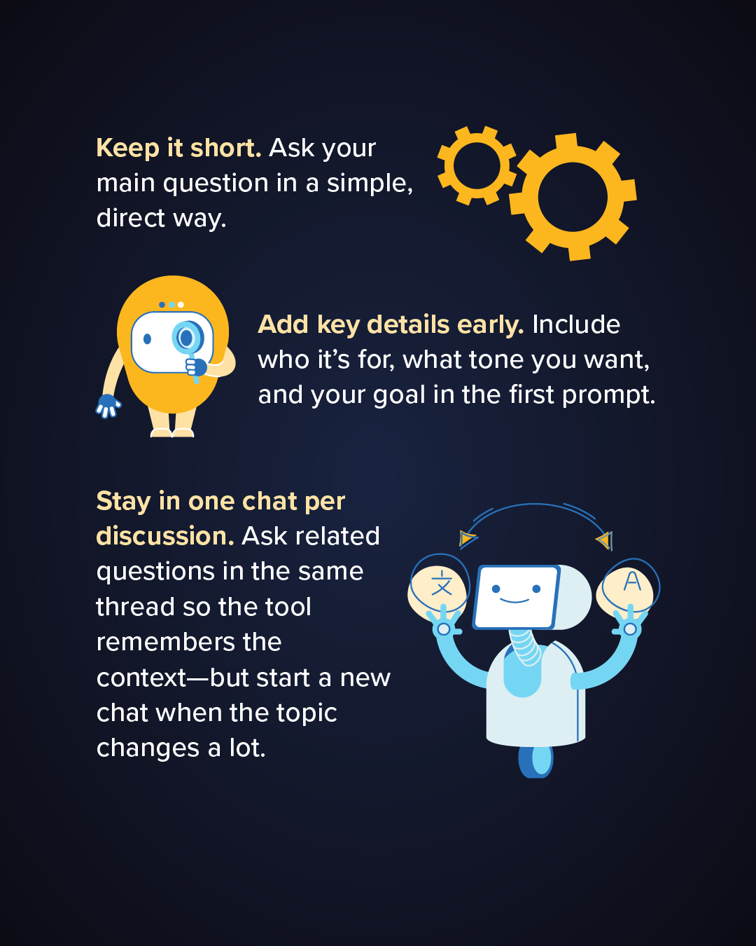 Tips 2 Slide lists three tips: Keep your prompts direct and short; Add context and goal in initial prompt; Stay in one chat per discussion.