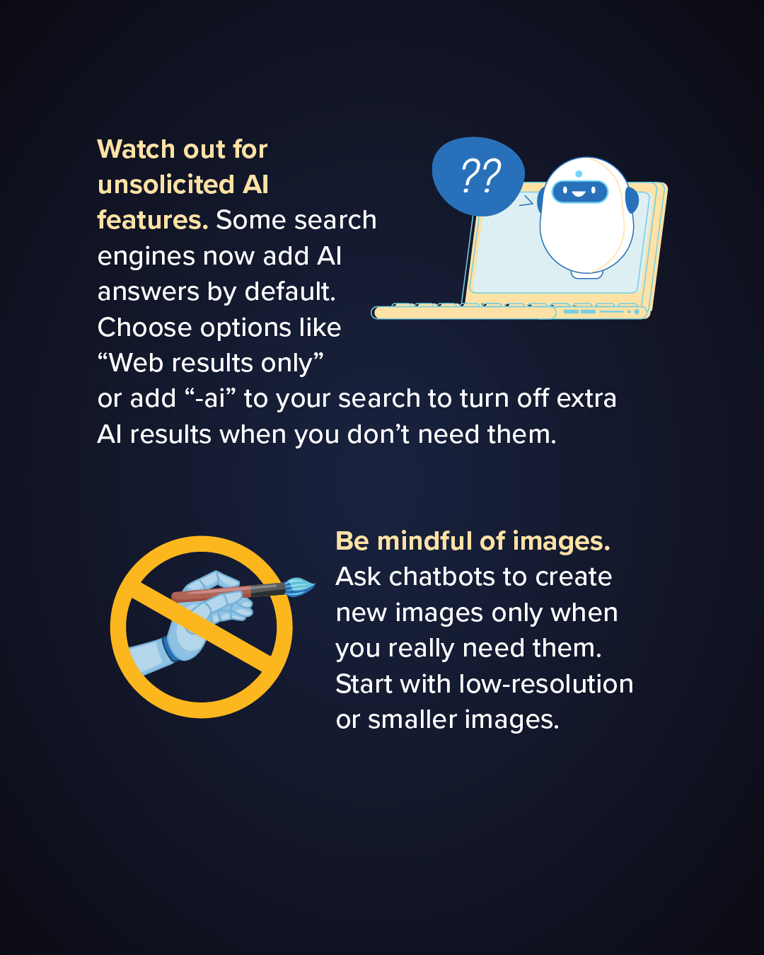 Tips 3 Slide shows two tips: Search web without AI if you don’t need them; Be mindful of how energetically demanding image and video creation is in AI.