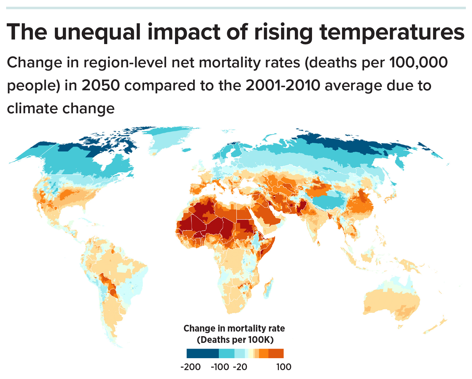 Mapping deaths from climate crisis World map, northern regions in cool blues, central and southern regions in orange and red