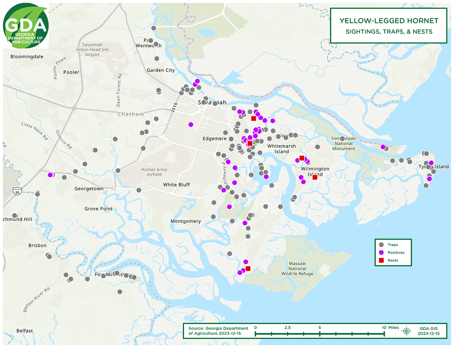 Map shows the region around Savannah and the coast, identifying a perimeter of traps inland, numerous sightings across the region, four nests found between Savannah and Wilmington Island, and one nest to the south just outside of Wassaw National Wildlife Refuge.