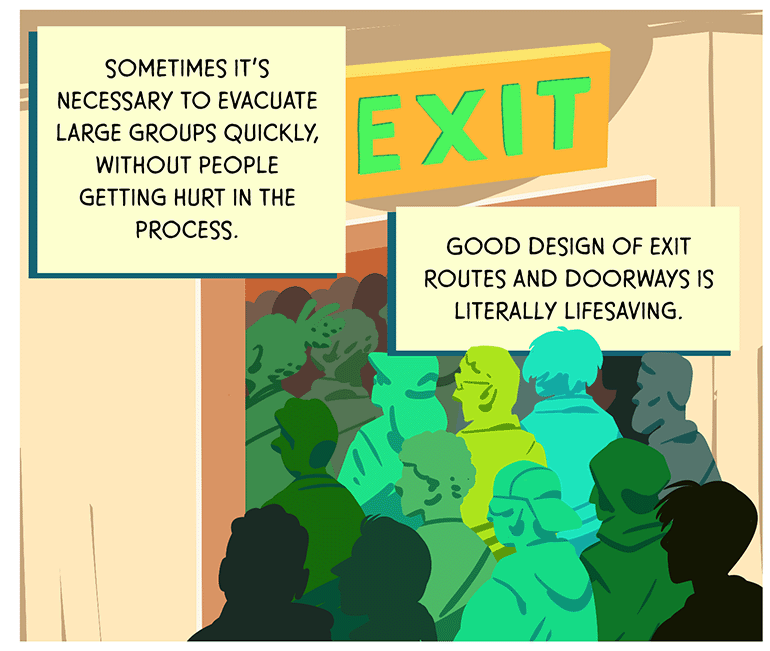 Many people calming walking through a doorway with a big clear EXIT sign above it. TEXT: Sometimes it’s necessary to evacuate large groups quickly, without people getting hurt in the process. Good design of exit routes and doorways is literally life-saving. 