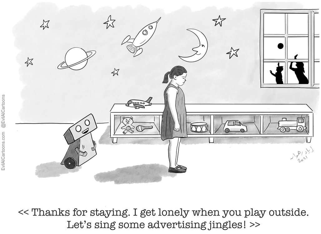 Manipulative AI pCartoon shows an AI robot cajoling a child to stay indoors with it instead of going outside to play with human friends.
