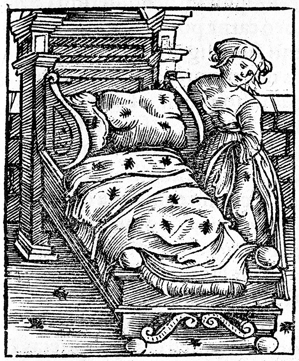 Woodcut print shows a woman standing by a bed covered in crawling insects.