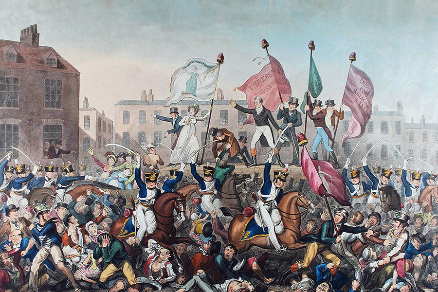Peterloo Massacre A painting shows a crowd of people being set upon by soldiers with their rapiers drawn. In the background are red brick buildings and men and women standing up on a platform holding banners.