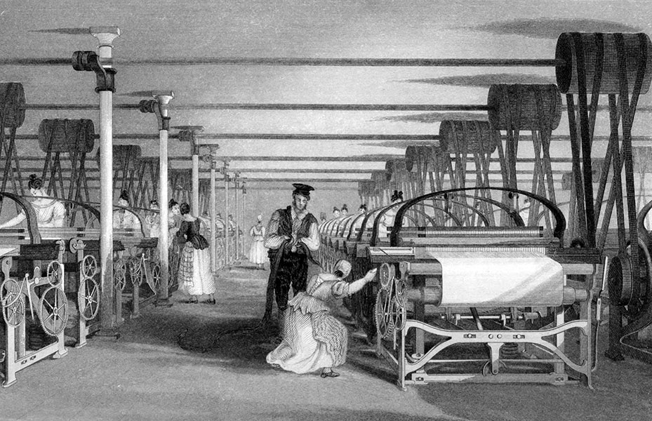 Weaving mill A print shows a row of automated looms with women working the machines. An overseer stands by one worker, seeming to examine the work.