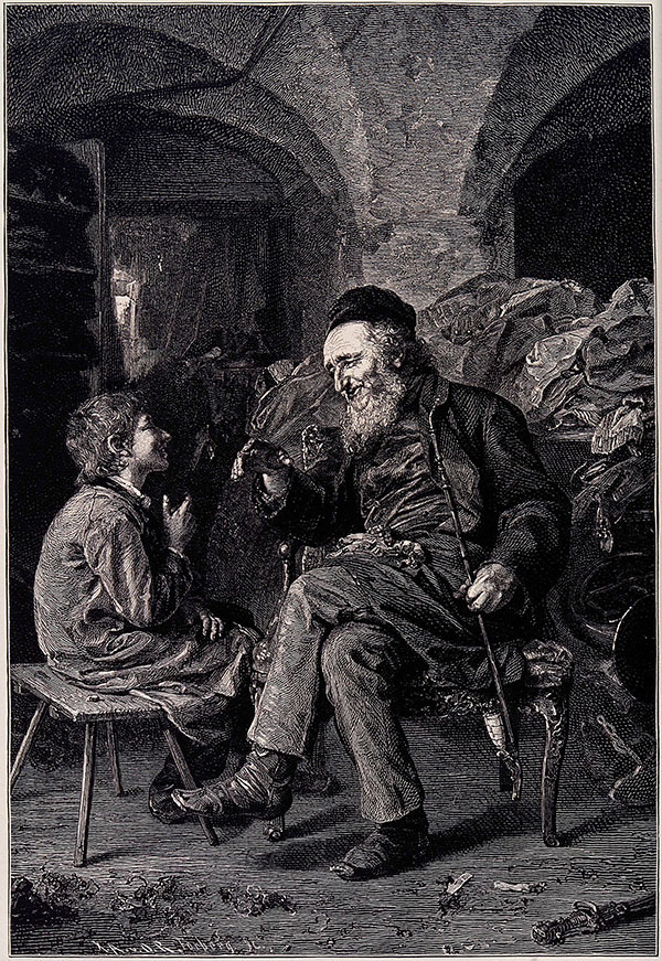 A black and white illustration shows a young boy sitting next to an old, bearded man. The child is listening closely to his elder’s counsel.