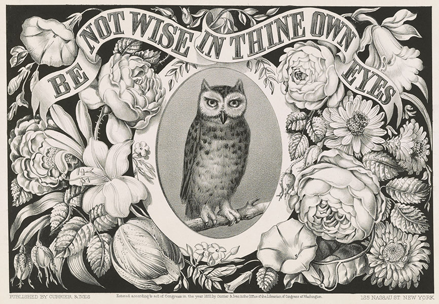 A black and white illustration depicts an owl and the biblical caution, “Be not wise in thine own eyes.”