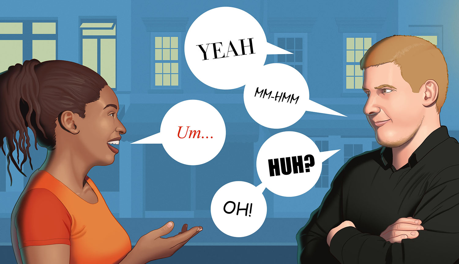 Two people conversing. Their speech bubbles contain short interjections.