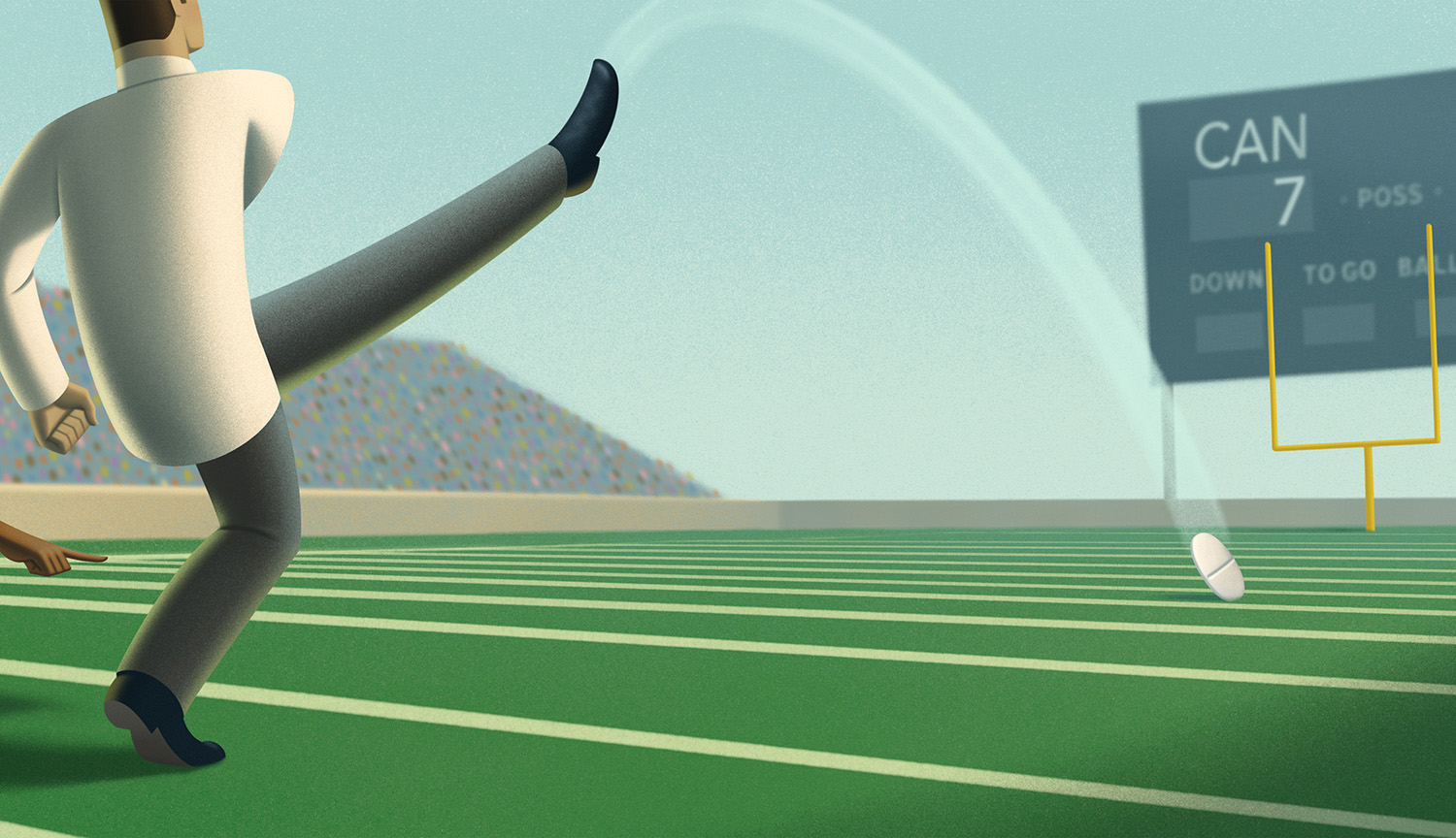 Conceptual illustration shows lab-coated scientists attempting to kick a field goal but missing by many yards.