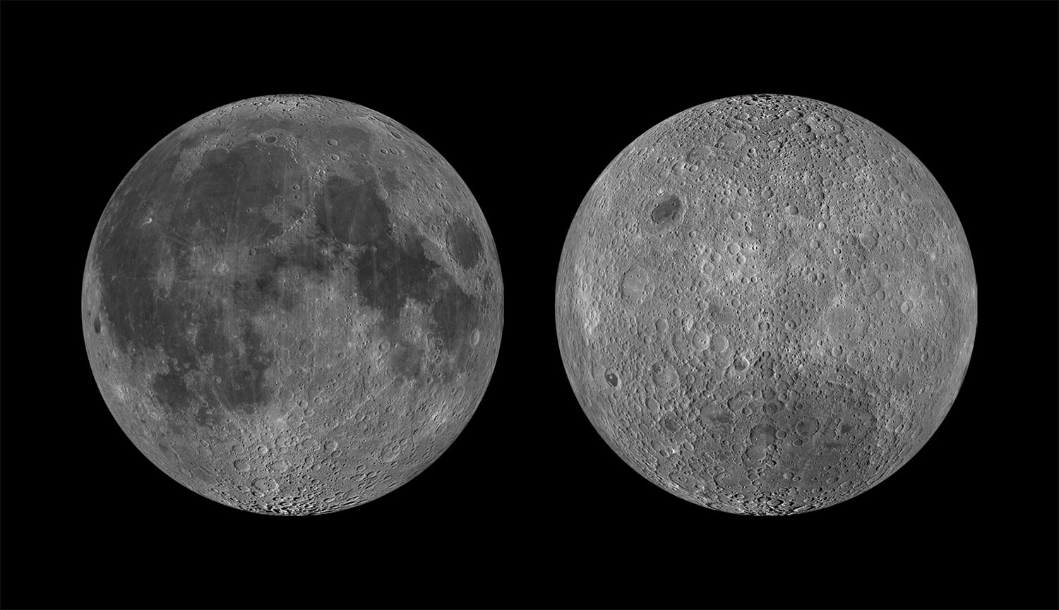 Image shows the dark maria of the near side of the Moon alongside the lighter colored far side.