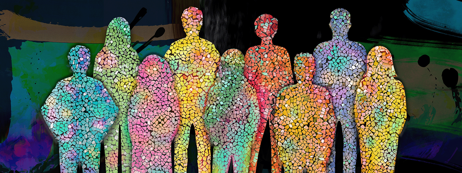 Nine human silhouettes are depicted as tiled mosaics with patches of darker and lighter colors.