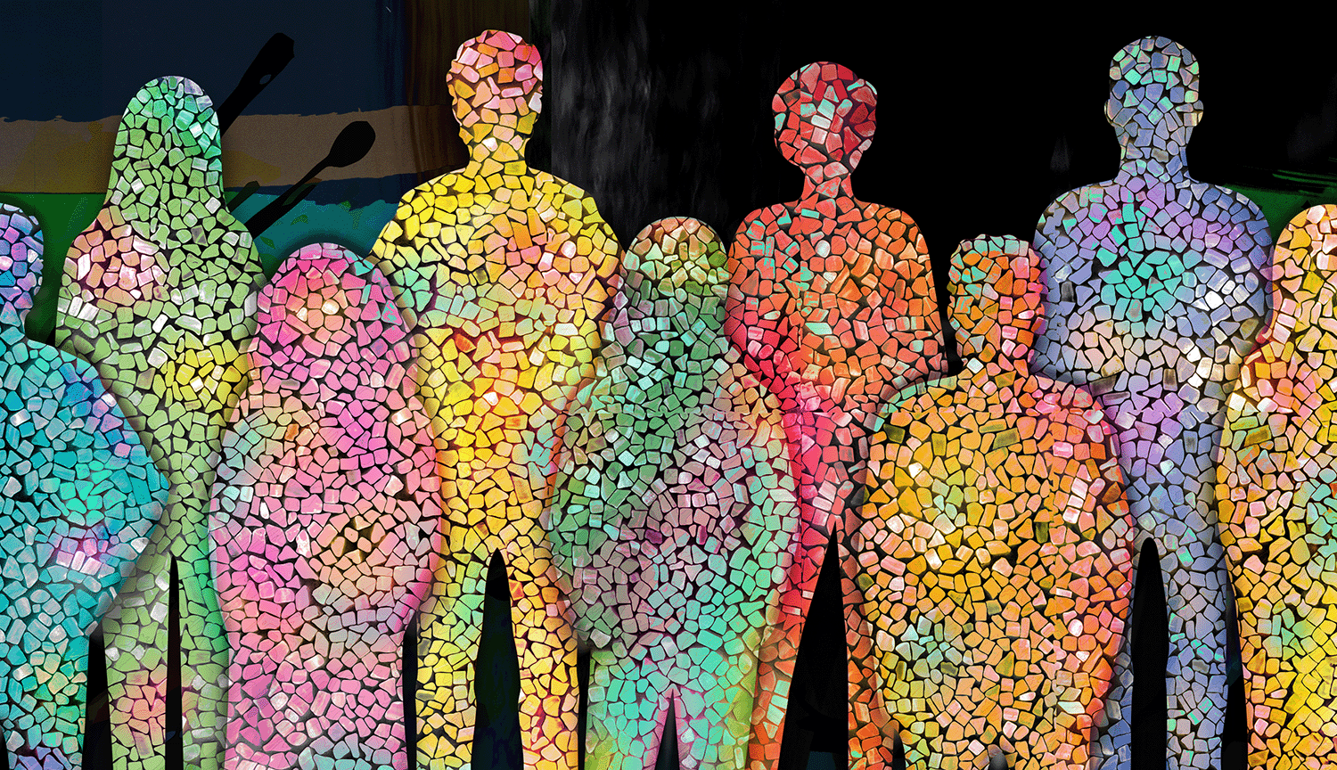 Nine human silhouettes are depicted as tiled mosaics with patches of darker and lighter colors.