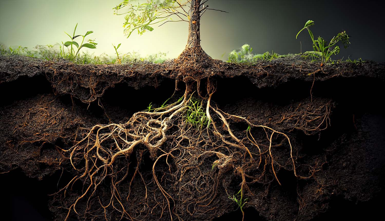 A cross-section of a tree’s roots beneath the soil.