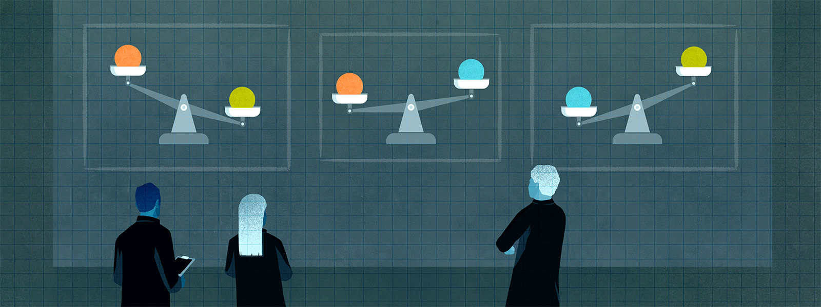 Illustration shows scientists evaluating three different scales that compare the weight of orange, yellow and blue balls, each representing a type of neutrino.