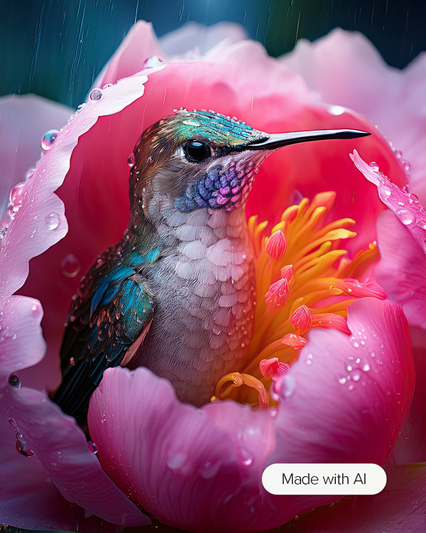 Image, labeled as “Made by AI,” shows a tiny hummingbird nestled into the pink petals of a flower in the rain.