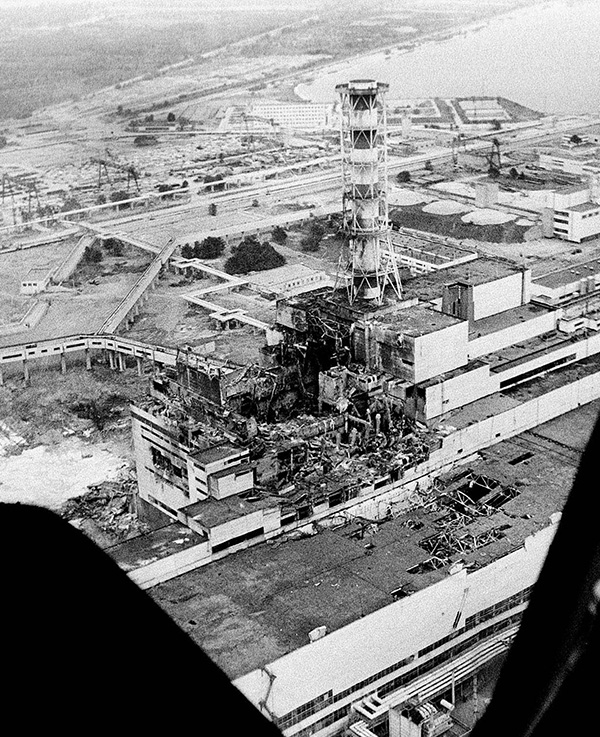 Aerial photo of the damaged Chernobyl nuclear reactor 