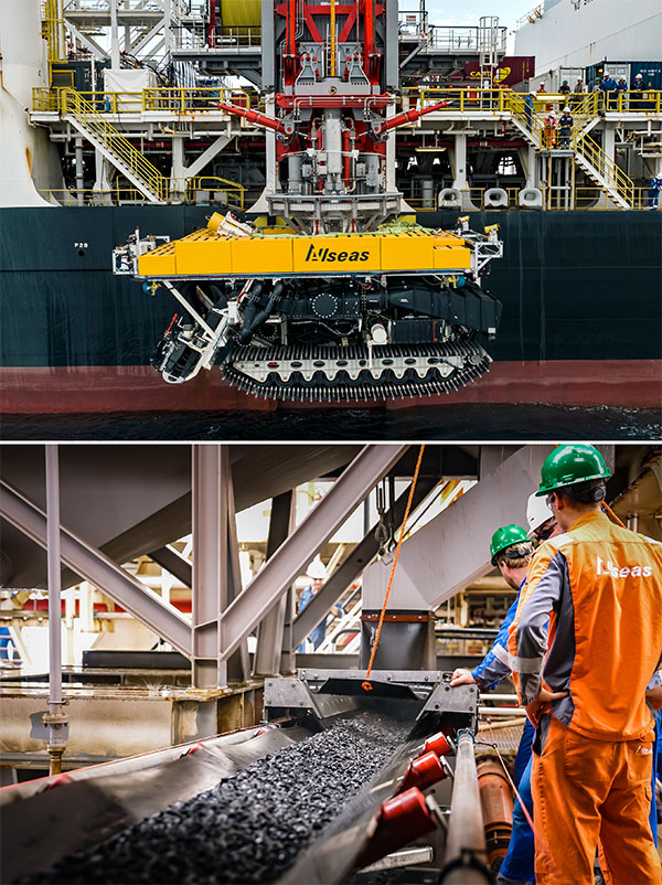 A bright yellow vehicle with caterpillar tracks is lowered over the side of a ship in the top image. In the bottom image, men stand by in orange work clothes as nodules are delivered down a chute into a channel in the ship’s hold.