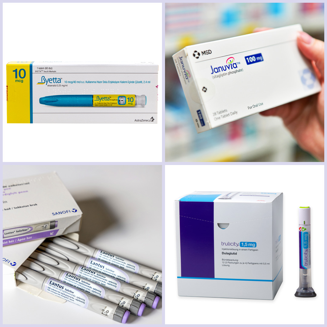Collage que muestra fotos de cuatro medicamentos para la diabetes tipo 2: Byetta, Januvia, Lantus y Trulicity.