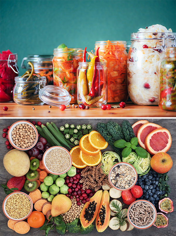 Two photographs. The top one shows fermented food such as kimchee and marinated peppers, while the bottom shows an attractive array of fruits, vegetables, nuts, grains and whole-wheat pasta.
