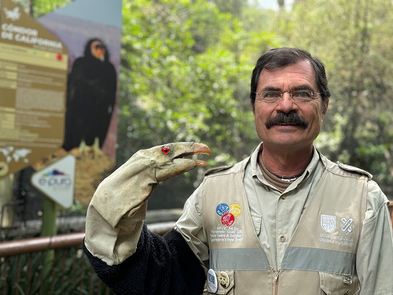 A man with a puppet of a condor's head on his arm.