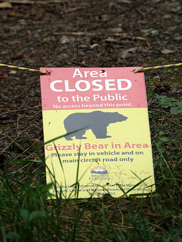 A sign warning people to keep out because a grizzly bear is in the area.