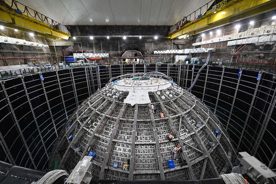 Photo shows the construction of JUNO’s central detector in China.