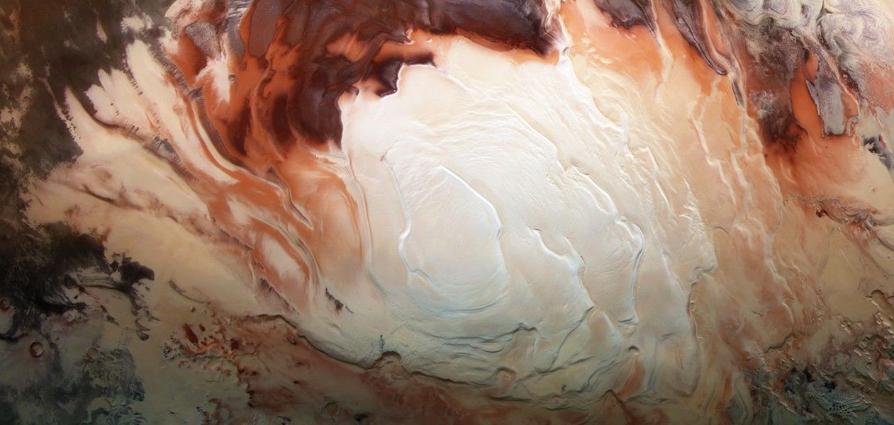 A 2012 image from ESA’s Mars Express orbiter show the icy cap on Mars’ south pole.