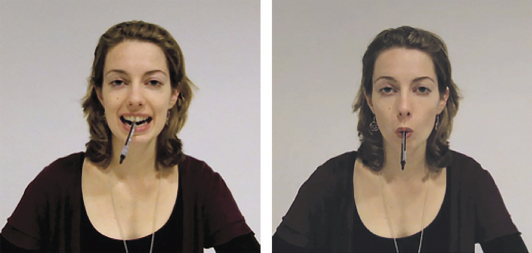 The image shows two photographs of the same woman holding a pen in her mouth. On the left, she’s holding the pen in her teeth, such that she makes a smile-like expression. On the right, she’s holding it with her lips, forcing a pouting expression.