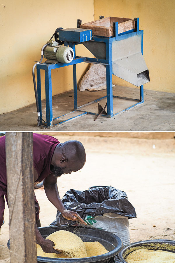 Two photos. One shows a cassava-processing machine and the other shows a man in red t shirt leaning over to scoop the processed cassava.