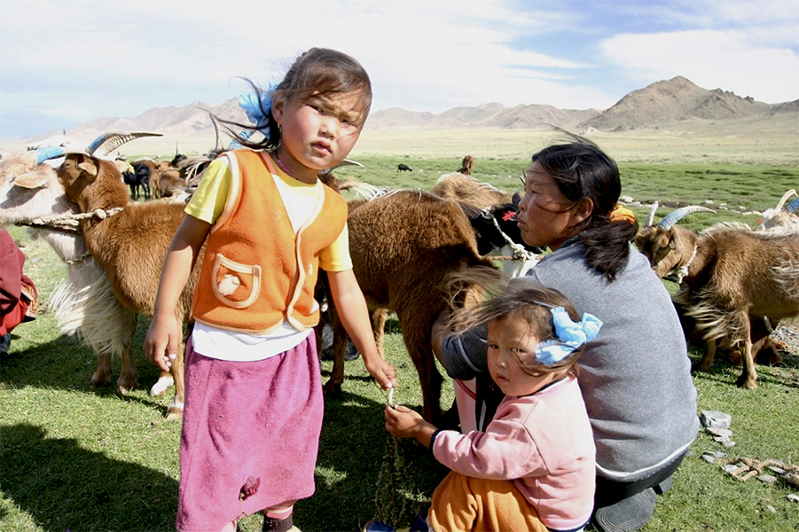 Photograph of a woman squatting on the ground, with two children in front and goats in the background.